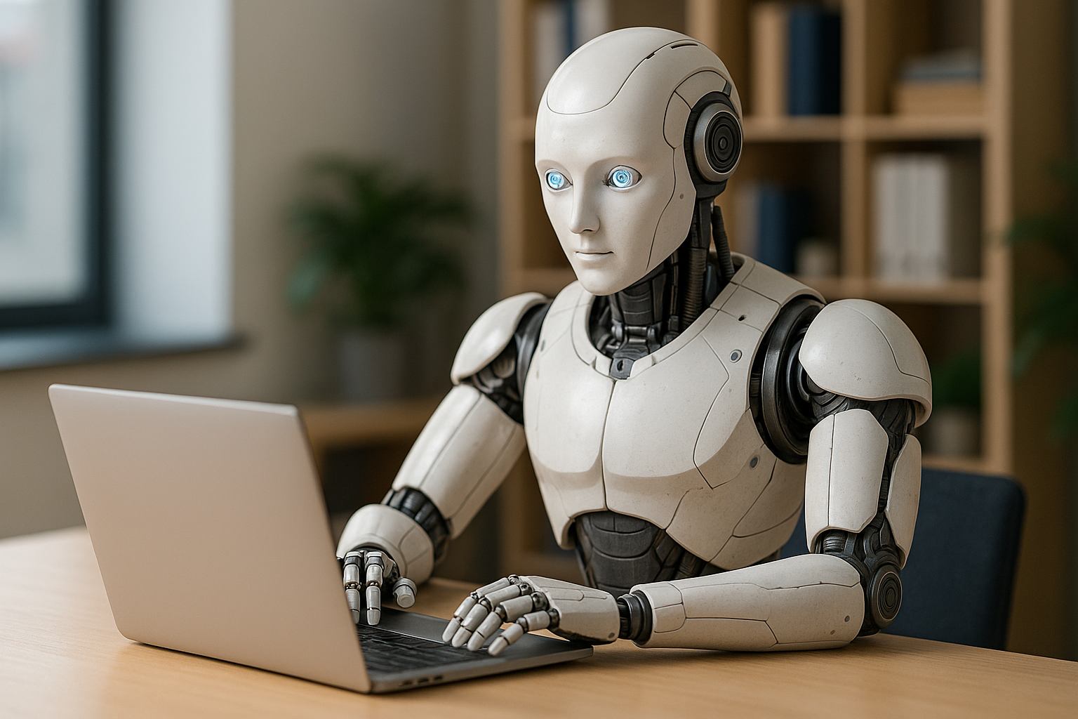 An AI Agent or robot sitting on table and working on laptop.
